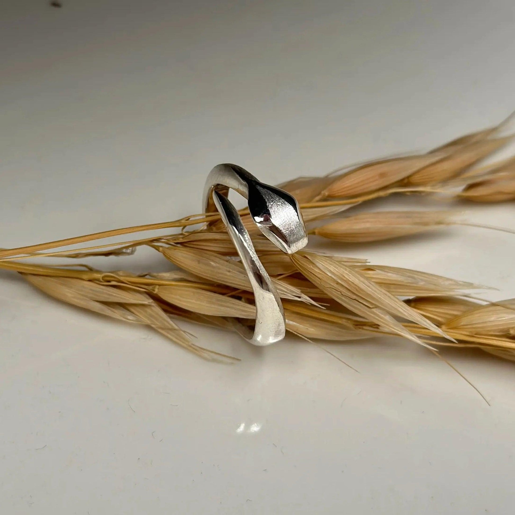 Anello in argento a forma di serpente visto da davanti