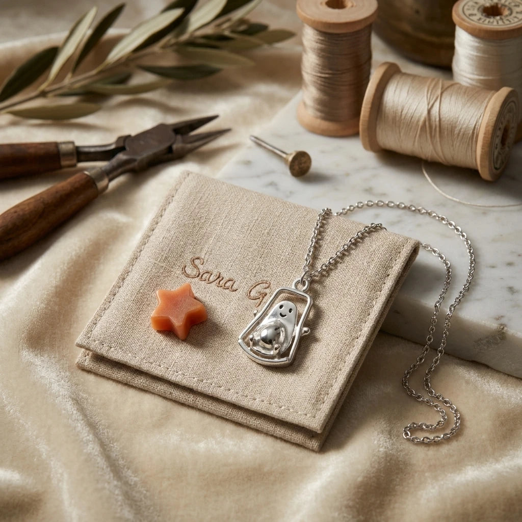 Sara Grace Jewelry ciondolo artigianale in argento 925 avocado sull altalena – gioiello divertente fatto a mano vista su packaging