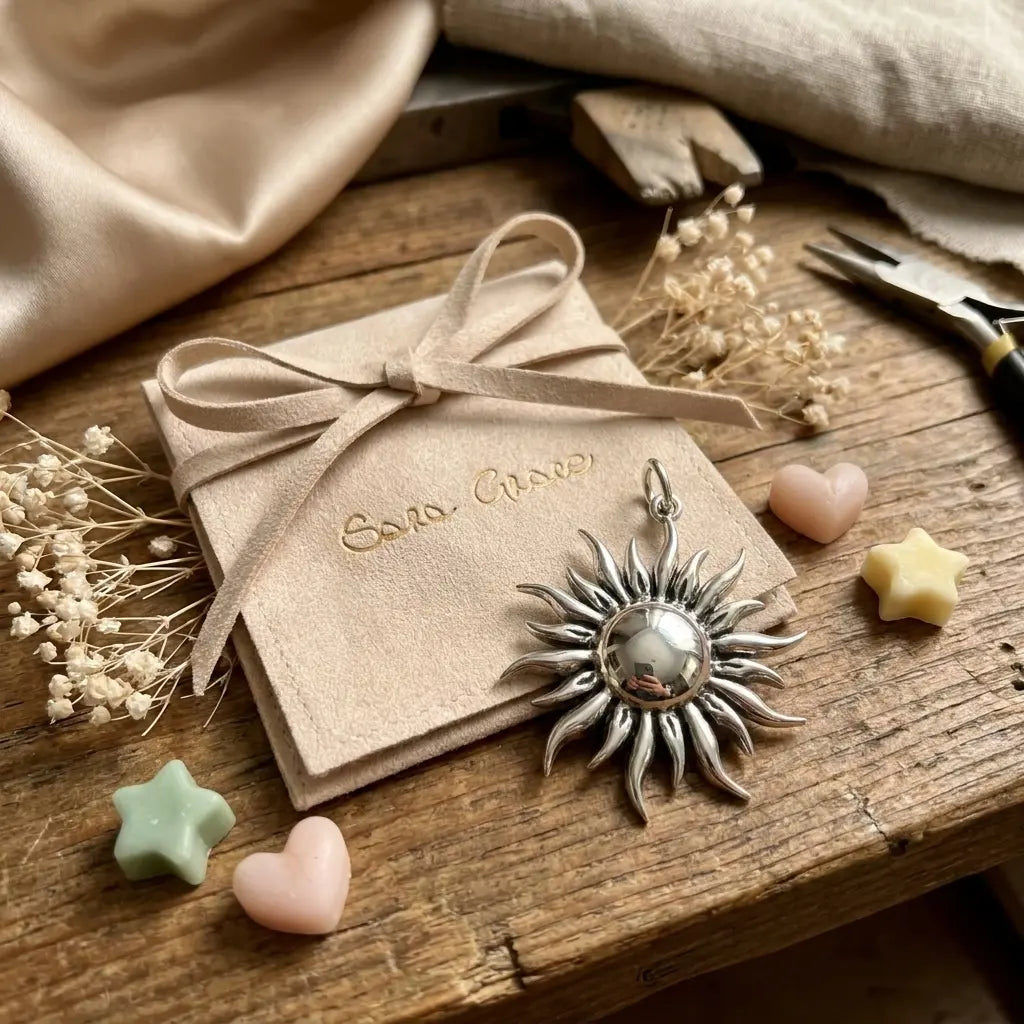 Sara Grace Jewelry ciondolo in argento 925 sole vista dall alto – gioiello estivo artigianale foto con packaging
