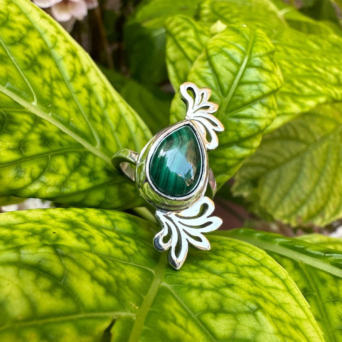 anello foglia argento 925 con pietra malachite 2