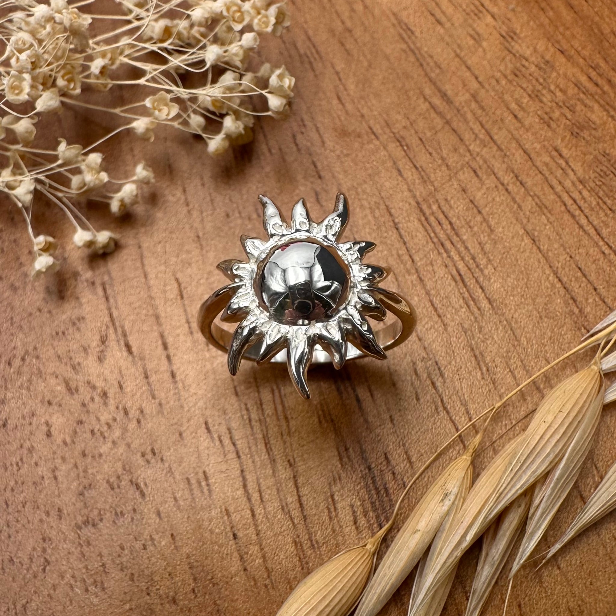 Sara Grace Jewelry anello artigianale in argento 925 a forma di sole – gioiello estivo fatto a mano