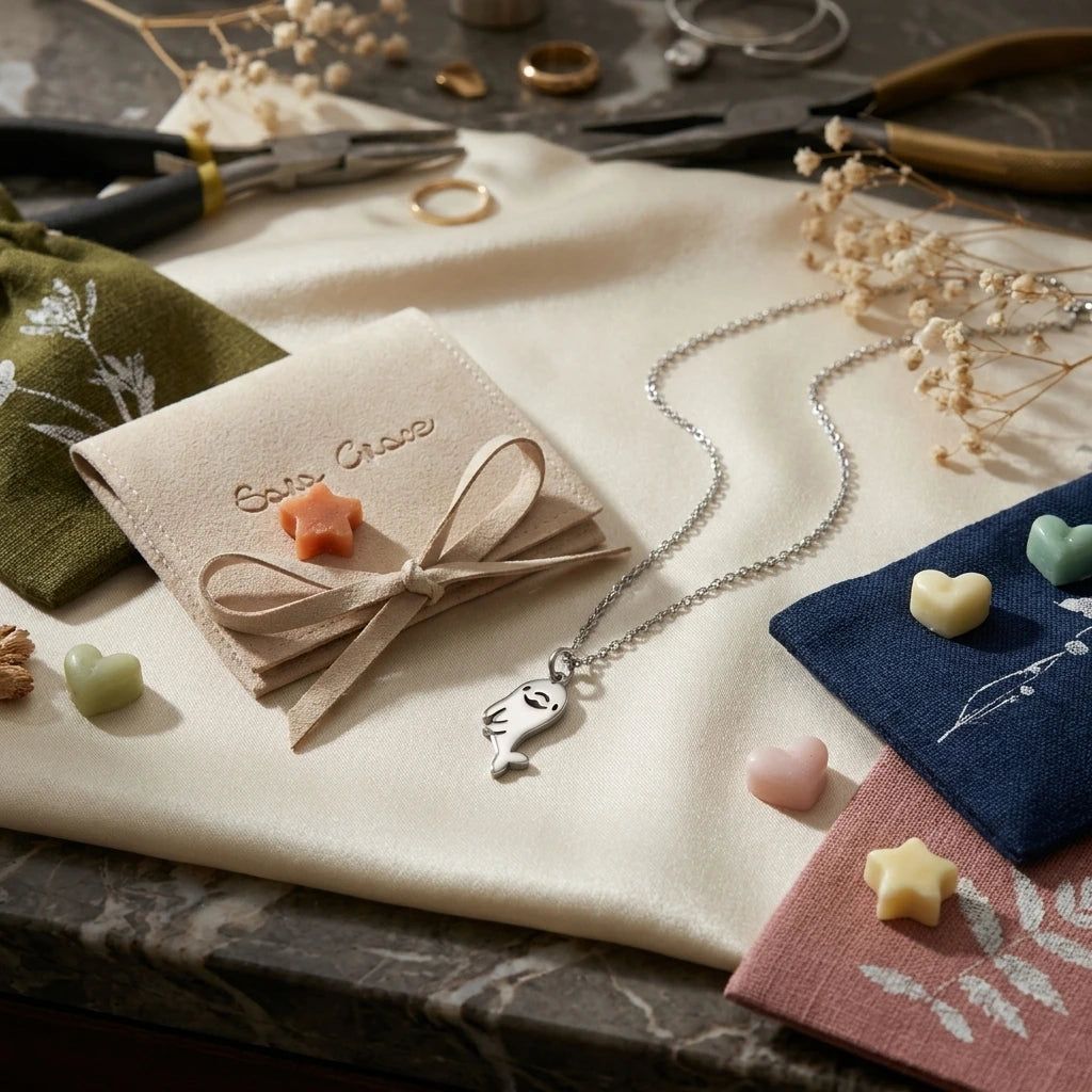 Sara Grace Jewelry ciondolo artigianale in argento 925 a forma di delfino – gioiello fatto a mano vista su packaging