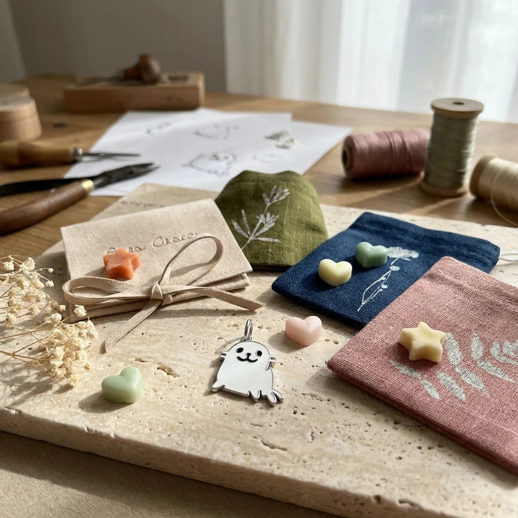 Sara Grace Jewelry ciondolo artigianale in argento 925 a forma di foca – gioiello fatto a mano vista su packaging