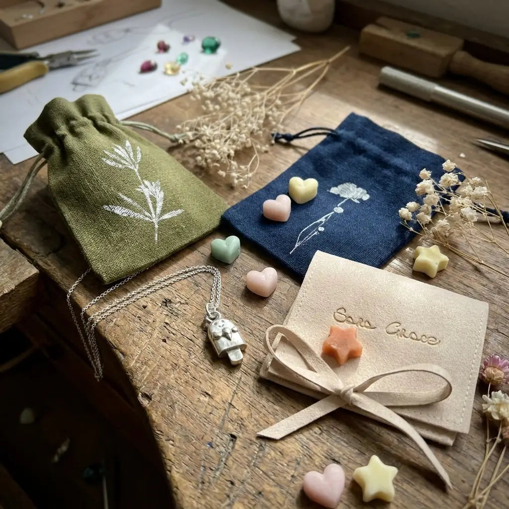 Sara Grace Jewelry ciondolo artigianale in argento 925 a forma di ghiacciolo – gioiello estivo fatto a mano vista su packaging