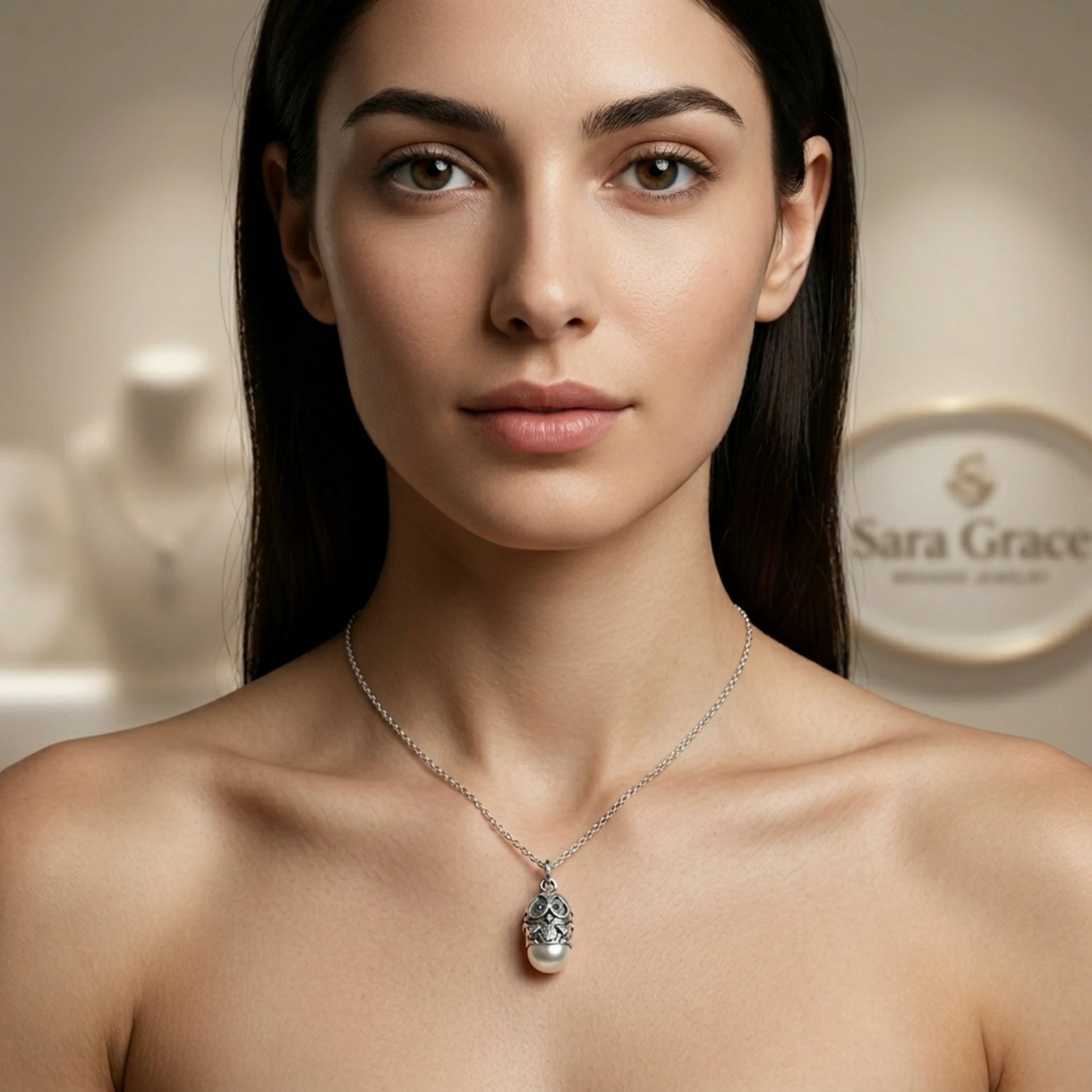 Sara Grace Jewelry - Foto Prodotto Ciondolo Gufinion Argento 925 Indossato con Catenina 40 cm