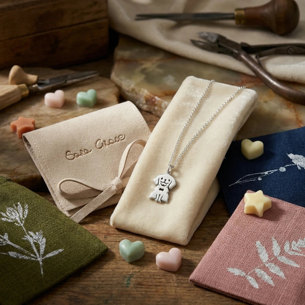 Sara Grace Jewelry ciondolo artigianale in argento 925 a forma di labrador – gioiello fatto a mano vista su packaging