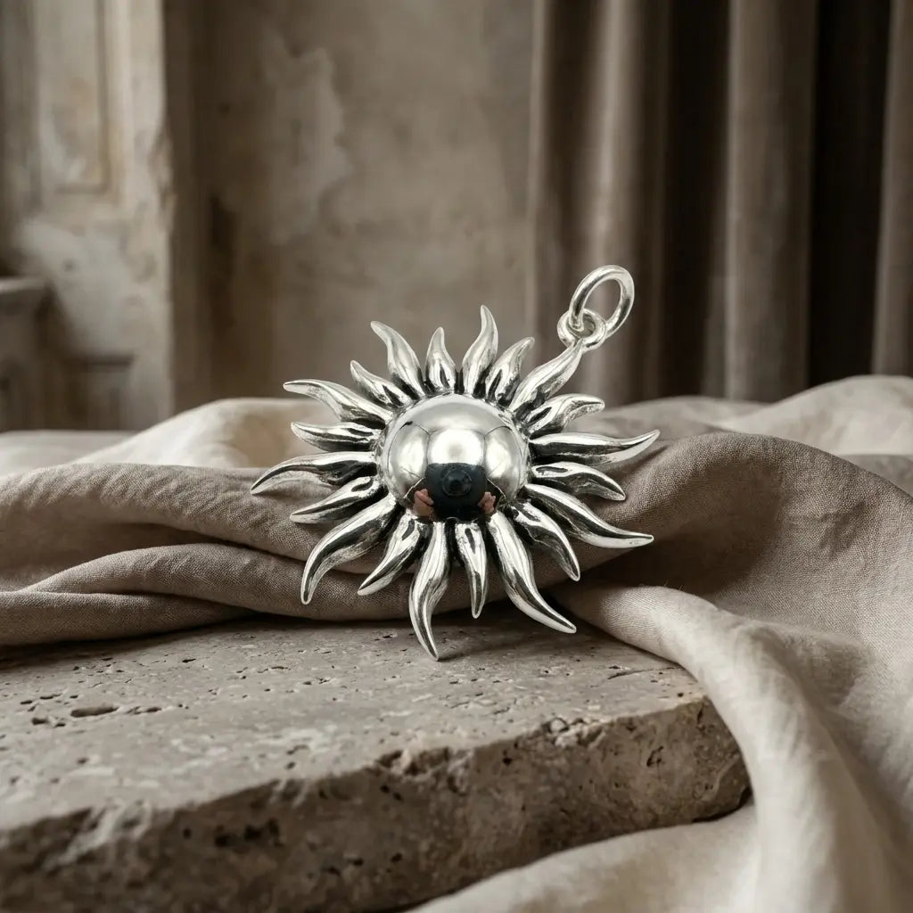 Sara Grace Jewelry ciondolo in argento 925 sole dettaglio frontale – gioiello estivo artigianale