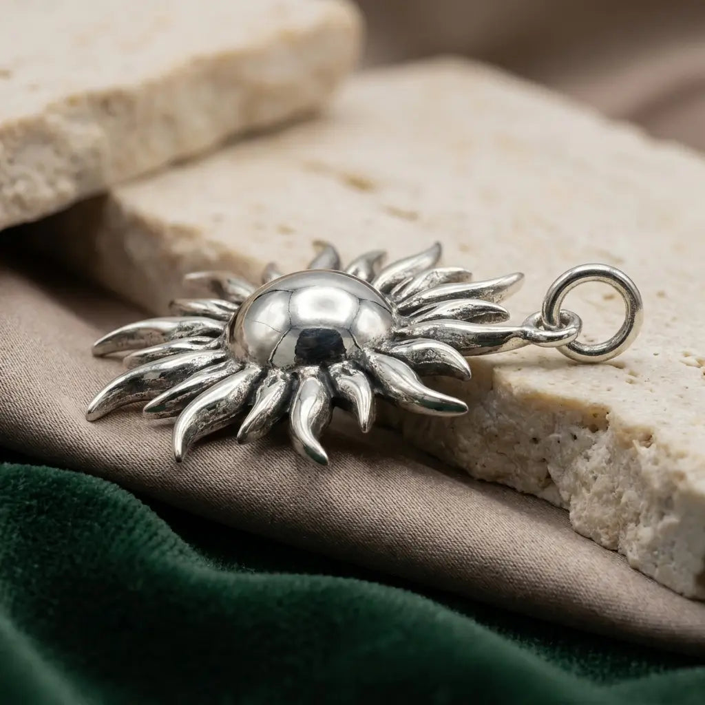 Sara Grace Jewelry ciondolo artigianale in argento 925 a forma di sole – gioiello estivo fatto a mano vista laterale