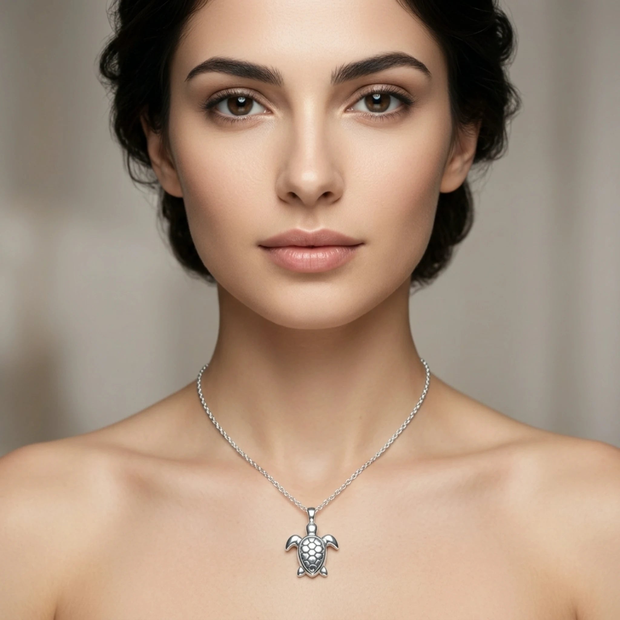 Sara Grace Jewelry - Foto Prodotto Ciondolo Tartarughina Argento 925 Indossato con Catenina 40 cm